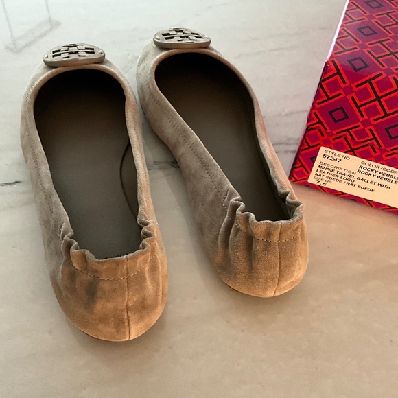 NWT Tory Burch Minnie Travel Ballet with Leather Logo  Suede Rocky Pebble 7 1/2 - Picture 6 of 8
